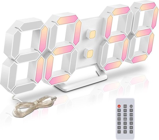 Digitale LED Wandklok 3D, 26 inch Groot Gemakkelijk Te Lezen Display 6 Cijfers Wekker, Mobiele Afstandsbediening Draadloze Controle Wereldwijde Synchronisatie, Grote Conferentiezalen, Wedstrijden, Wit
