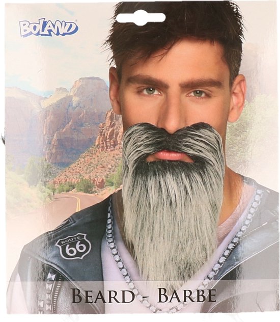 Emballage avec un mannequin portant une barbe et une moustache grises et noires, une veste en cuir. Texte : BEARD - BARBE.