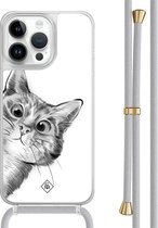 Casimoda® hoesje met grijs koord - Geschikt voor iPhone 13 Pro Max - Peekaboo Kat - Afneembaar koord - TPU/polycarbonaat - Grijs