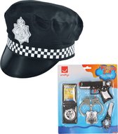 Carnaval verkleed politie agent set - pet/cap zwart - pistool/badge/handboeien set