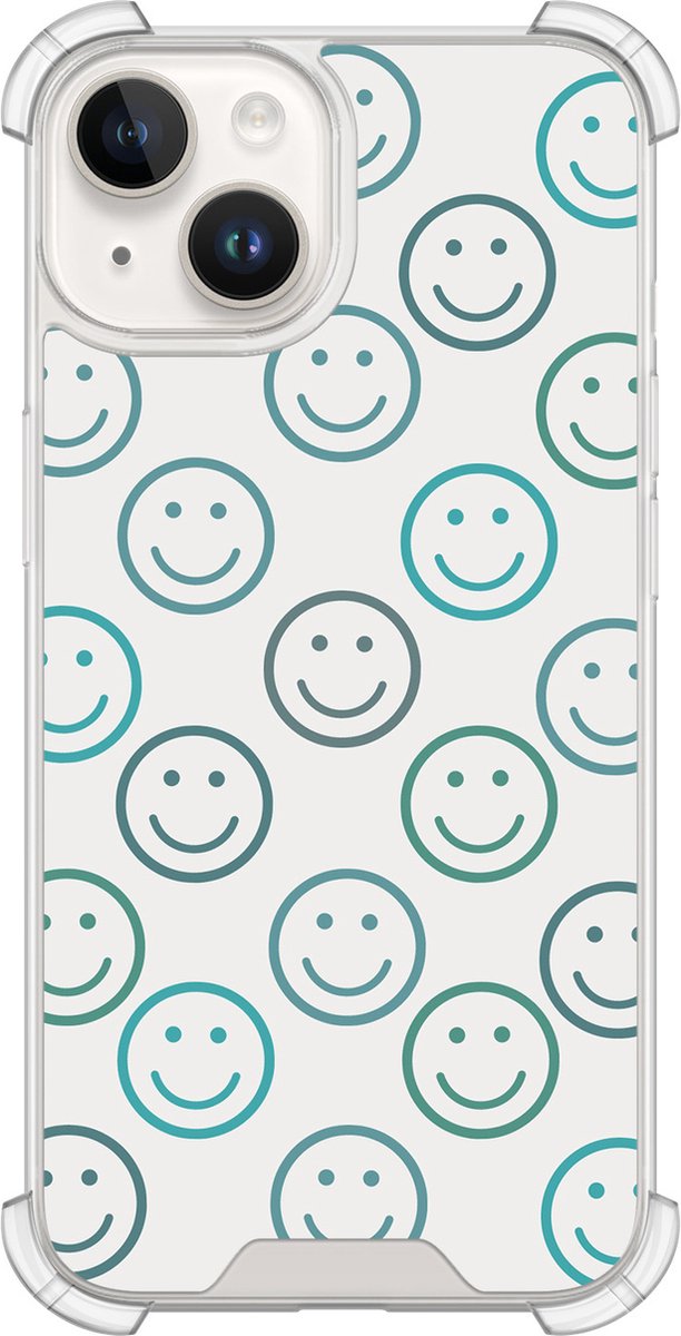 Shockproof hoesje - Geschikt voor iPhone 14 - Happy faces - Extra sterke case - TPU/polycarbonaat - Print / Illustratie - Blauw, Transparant