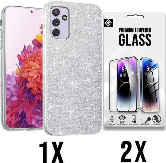 Casemania Coque pour Samsung Galaxy A15 - Argent - 2X Protecteur d'écran en Verres - Coque Arrière Glitter