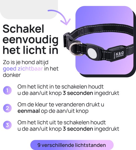 Lichtgevende Halsband Hond - Met AirTag Houder - M - Oplaadbaar - Verstelbaar - 37.5-54 cm - K&G Goods