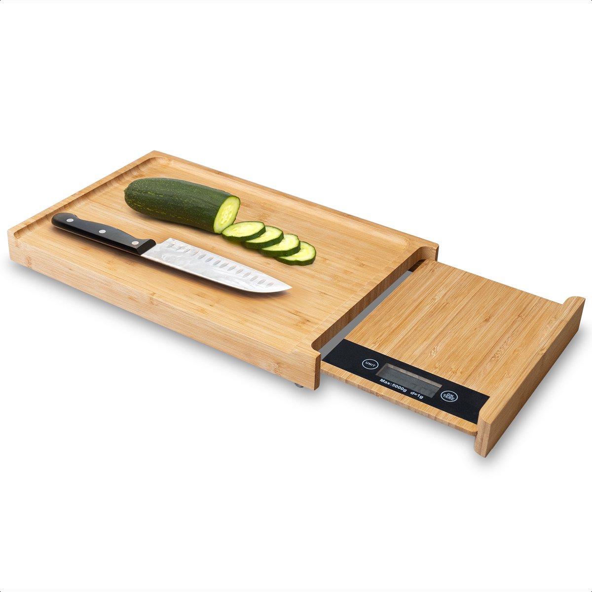 Goliving Houten Snijplank - Met Digitale Keukenweegschaal tot 5 kg - 40 x 25 cm - Uitschuifbaar tot 56 cm - Bamboe