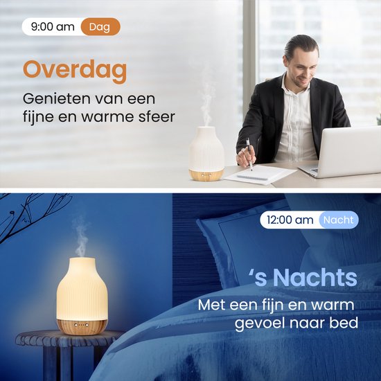Man werkt aan bureau met laptop, diffuser naast hem. Sfeervol licht. Onderin, een bed met diffuser.