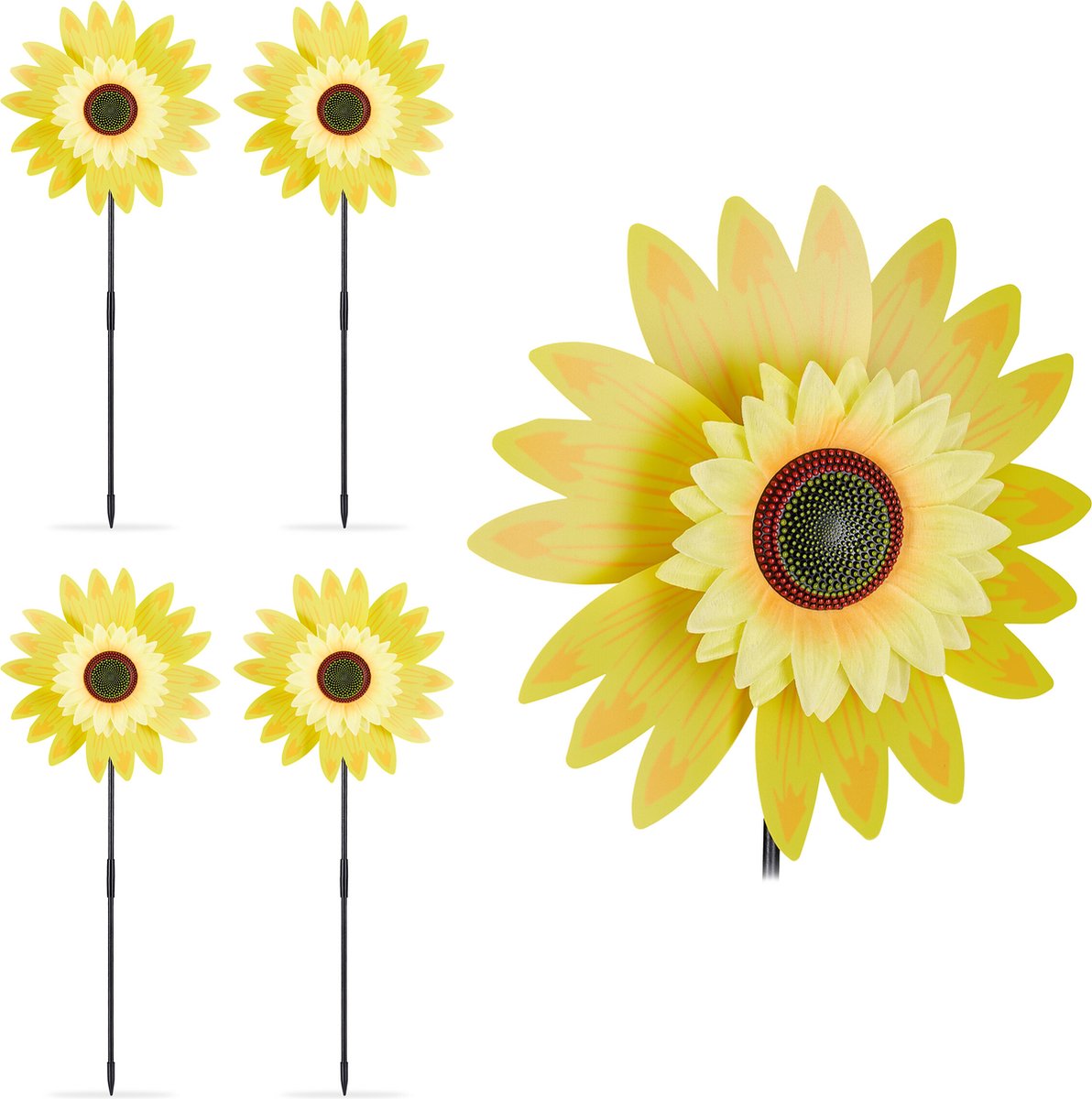Relaxdays 5x windmolen bloem tuinsteker zonnebloem windspinner tuindecoratie geel