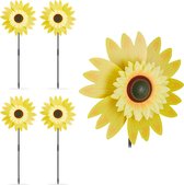 Relaxdays 5x windmolen bloem - tuinsteker zonnebloem - windspinner - tuindecoratie - geel
