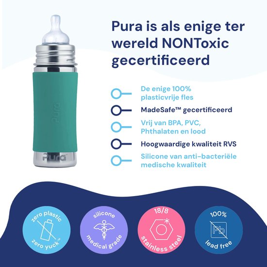 Pura Speenfles 325 ml - Plasticvrij - Drinkfles - Voorkomt Maagkrampen - Vaatwasserbestendig - Inclusief Siliconen Speen, Reisdop en Sleeve - Top is Verwisselbaar - Veelzijdig - Mint van Merkloos — afbeelding 3