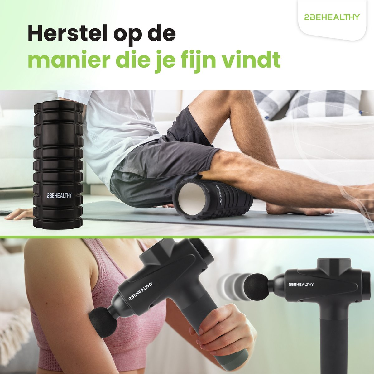 2BEHEALTHY Massage Gun Professioneel & Foam Roller - Incl. 6 - afbeelding 3