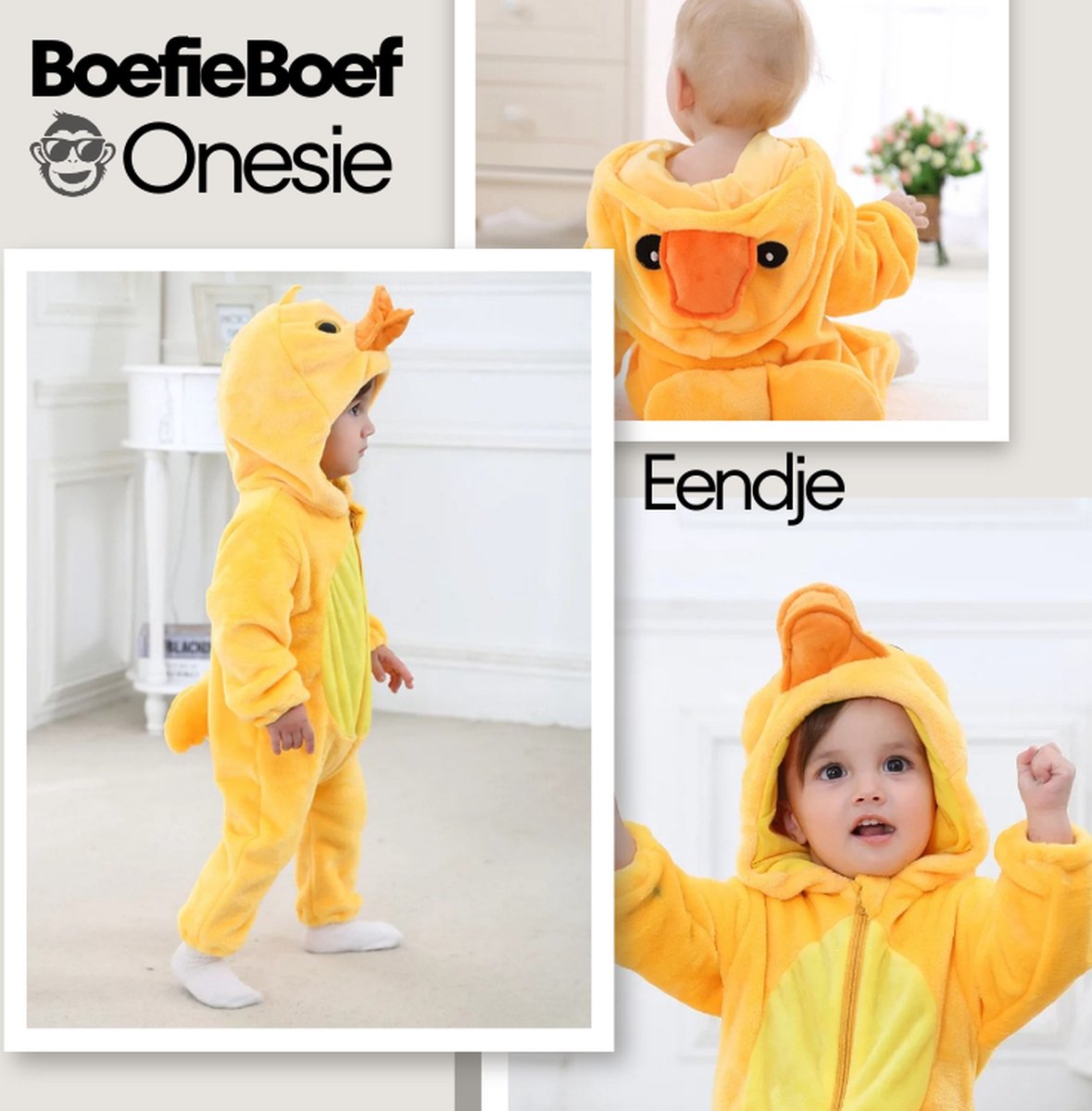 BoefieBoef Dieren Baby Onesie Peuter Pyjama Kinderen 6 maanden tot 2 jaar – Eend – Verkleedkleding met Luierrits – Carnaval Dierenpak - Kerst en Kraamcadeau Tip – Zacht Flanel - Romper - Boxpak - Jongens - Meisjes - Kruippak - Winterpak - Geel - Duck — afbeelding 4