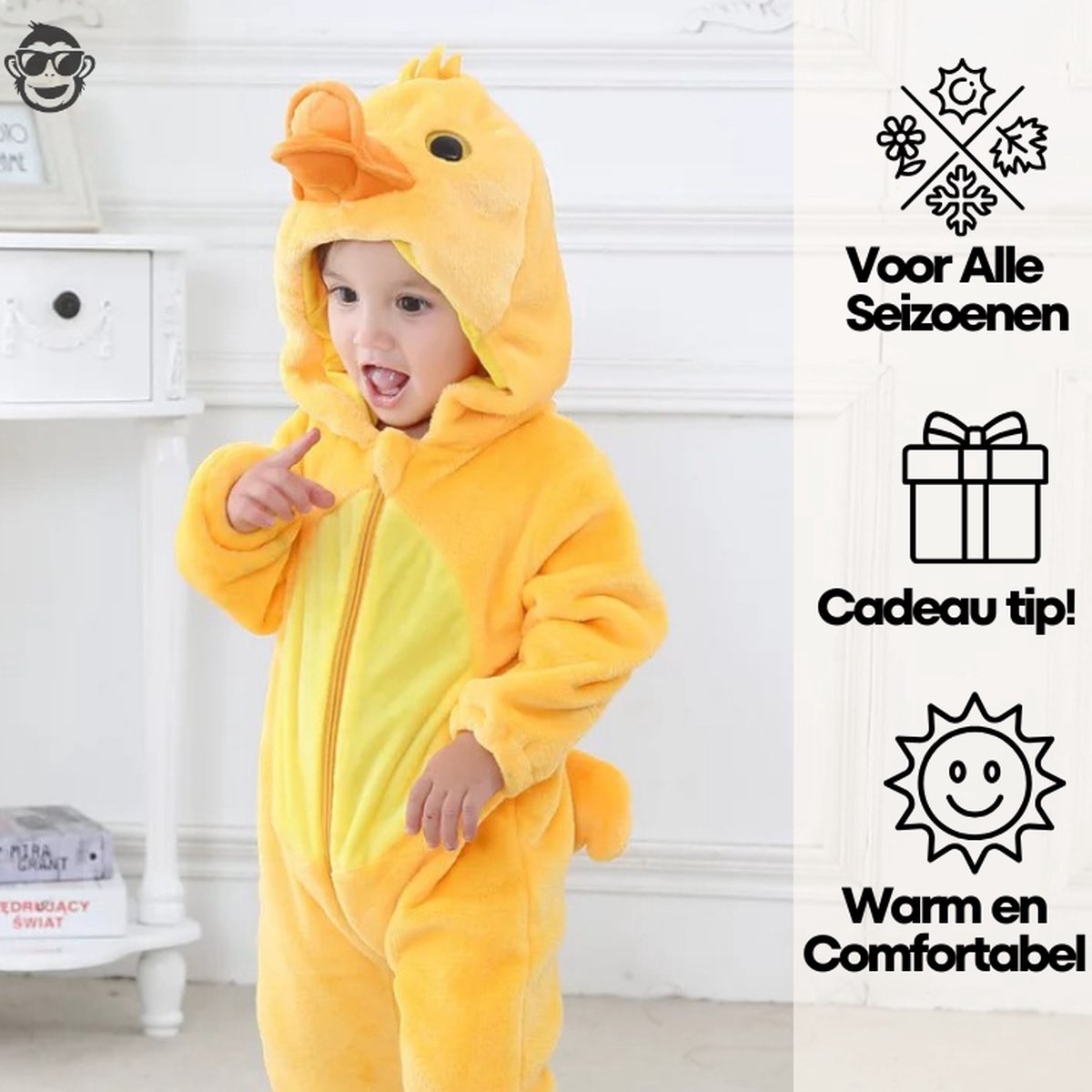 BoefieBoef Dieren Baby Onesie Peuter Pyjama Kinderen 6 maanden tot 2 jaar – Eend – Verkleedkleding met Luierrits – Carnaval Dierenpak - Kerst en Kraamcadeau Tip – Zacht Flanel - Romper - Boxpak - Jongens - Meisjes - Kruippak - Winterpak - Geel - Duck — afbeelding 6