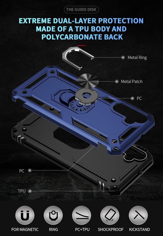 Exploded view van blauw Samsung A25 hoesje, met metalen ring, metalen patch en PC+TPU materialen.