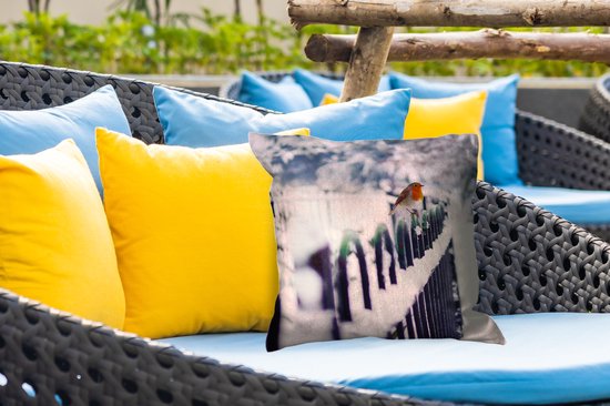 Coussins d'extérieur - Jardin - Rouge-gorge sur clôture enneigée - 45x45 cm