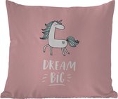 Buitenkussen - Eenhoorn - Kinderen - Quotes - Dream big - Meisjes - Roze - 45x45 cm - Weerbestendig