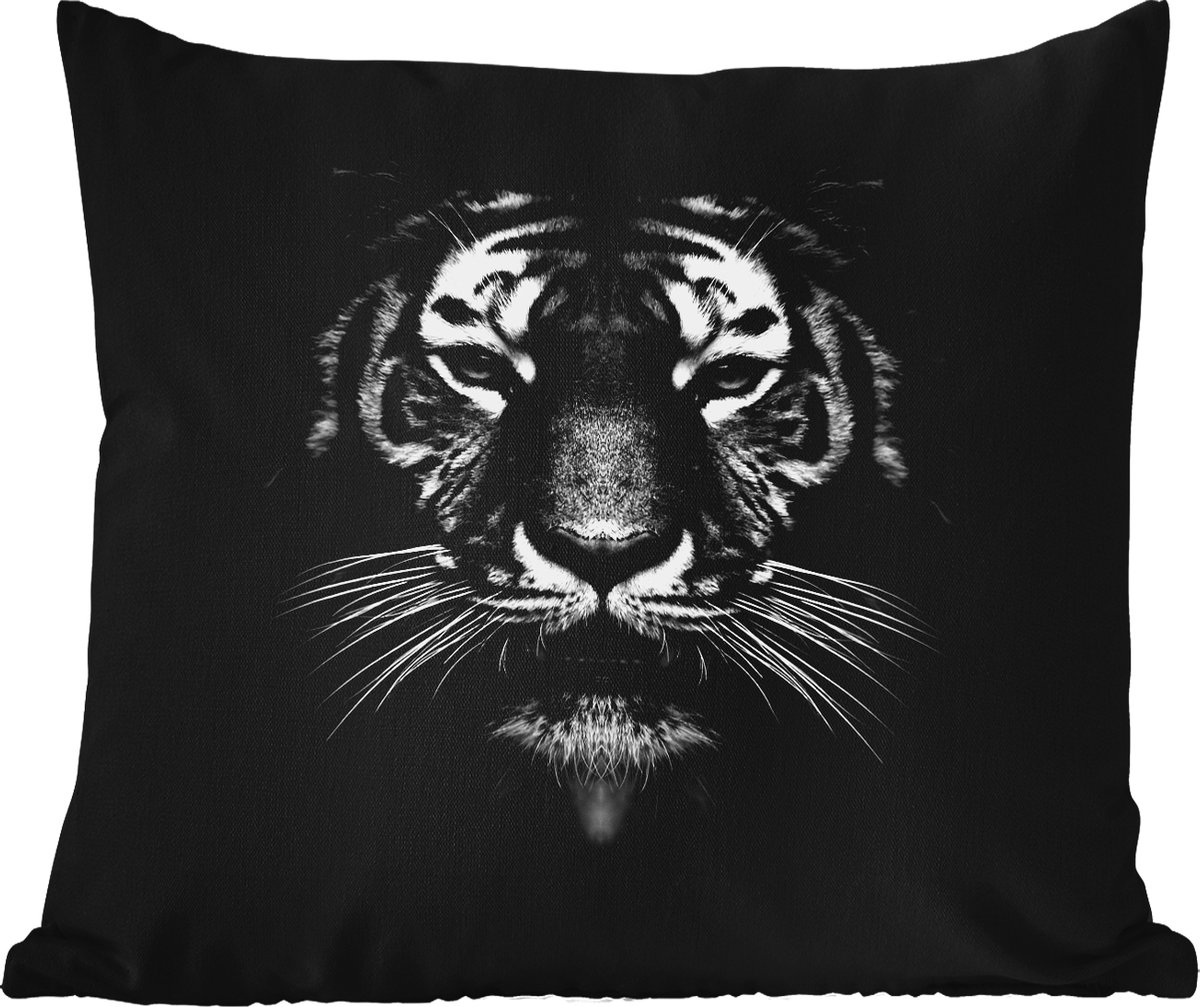 Tuinkussen - Tijger - Dieren - Zwart - Wit - Portret - Wild - 40x40 cm - Weerbestendig