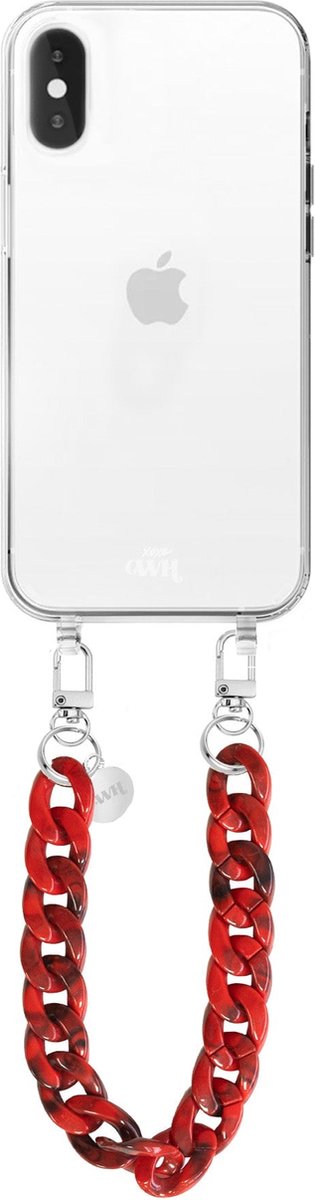 xoxo Wildhearts siliconen hoesje - Geschikt voor iPhone X/XS - Red Roses - Telefoonhoesje - Hoesje met koord - Rood koord - kort telefoonkoord - Transparant hoesje (korte variant)