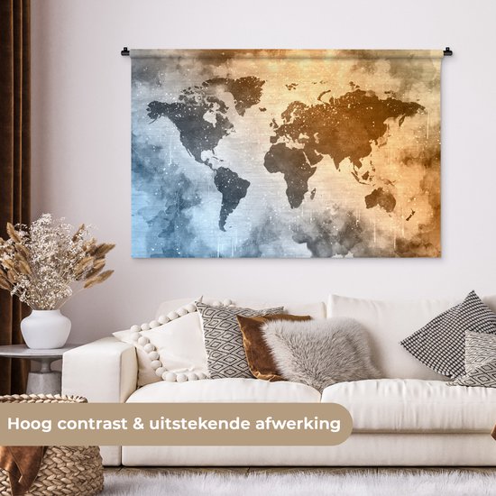 Tapisserie Cartes du mondeIllustrations de Noël - Wereldkaart avec des couleurs de peinture chaudes et froides sur un fond avec un motif texturé Tapisserie murale coton 150x100 cm - Tapisserie avec photo