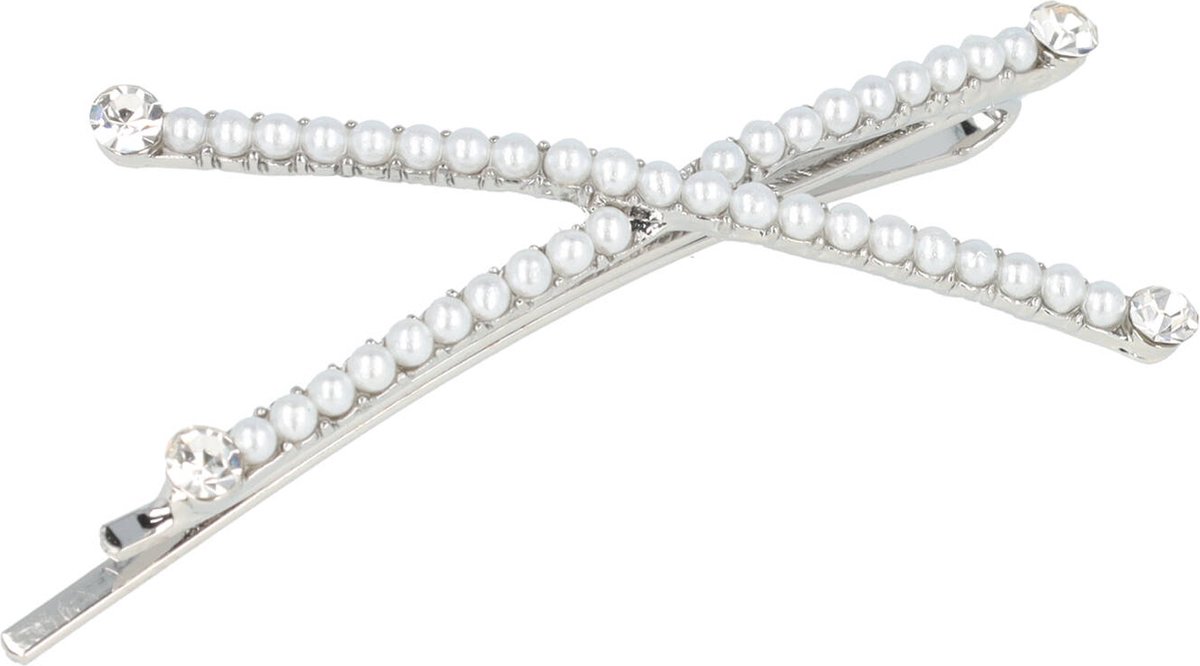 Haarsoires Haarspeld Schuifspeldje 6cm - Dubbel - Pareltjes Strass - Zilver