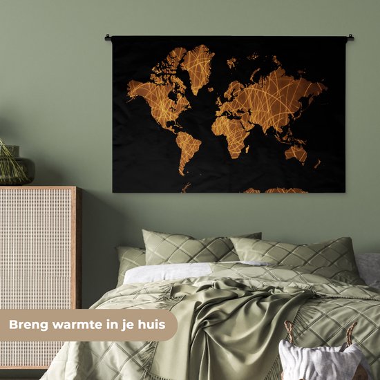 Tapisserie Cartes du monde Illustrations de Noël - Carte du monde marron avec des lignes dorées sur fond noir Tapisserie en coton 120x80 cm - Tapisserie avec photo