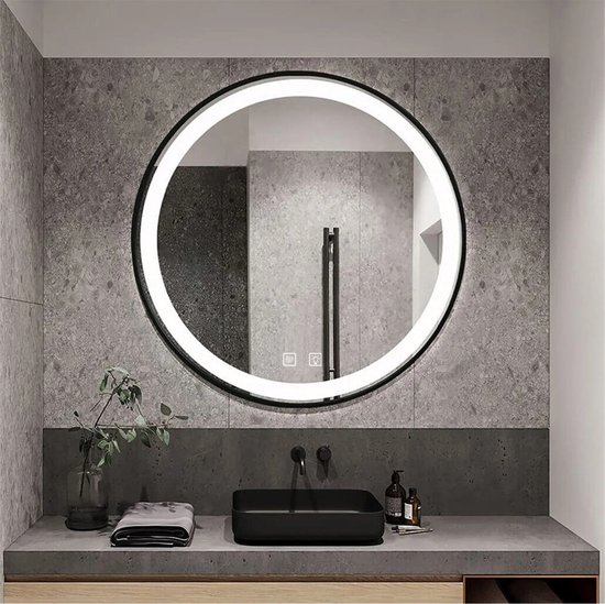 STARLEAD Ronde badkamerspiegel met verlichting, 70 cm, led-spiegelrond met bluetooth, dimbaar, 3 lichtkleuren, ontfogging, geheugenverlichting, IP44, HD gehard glas, zwarte maanspiegel