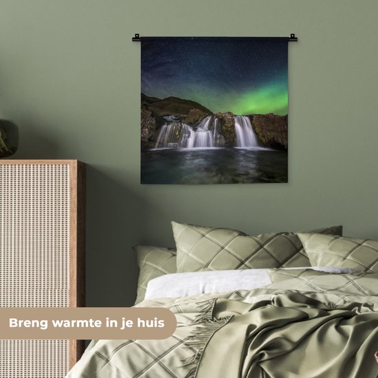 Tenture murale - Tissu mural - Aurores boréales - Cascade - Islande - 60x60 cm - Tapisserie murale