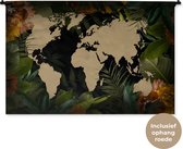 Wandkleed WereldkaartenKerst illustraties - Zandkleurige wereldkaart op een zwarte achtergrond versierd met bladeren en bloemen Wandkleed katoen 150x100 cm - Wandtapijt met foto