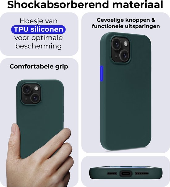 Coque pour iPhone 15, coque en Siliconen avec 2 films de protection d'écran – Coque pour iPhone 15 – Vert foncé