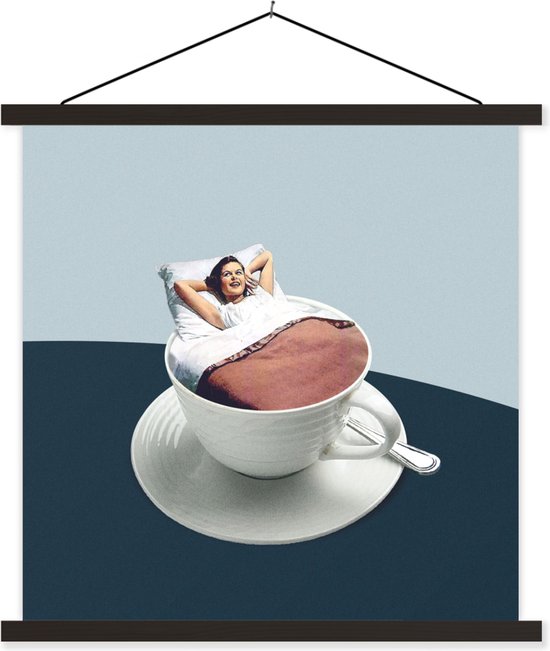 Porte-affiche avec affiche - Affiche scolaire - Femme - Café - Vintage - 40x40 cm - Lattes noires