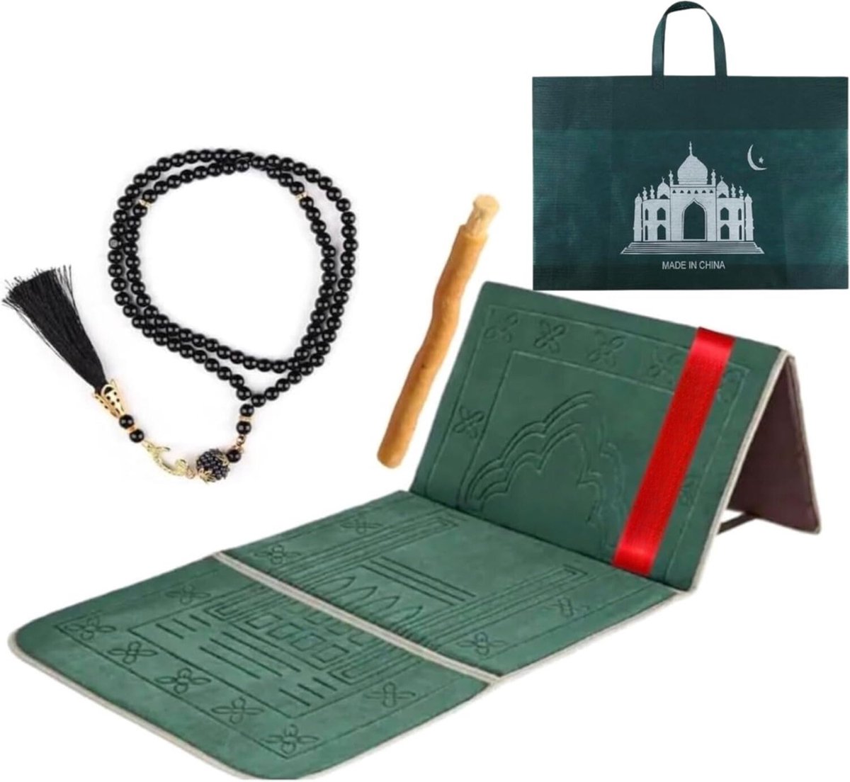 Gebedskleed Islam - "Zwarte Gebedskleedset: Comfortabel en Draagbaar met Tesbih, Miswak en Rugleuning - Perfect voor Reizen en Thuisgebruik, Inclusief Opvouwbaar Groen Gebedskleed"