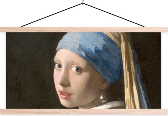 Posterhanger incl. Poster - Schoolplaat - Meisje met de Parel - Schilderij van Johannes Vermeer - 150x75 cm - Blanke latten