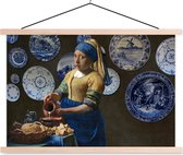 Posterhanger incl. Poster - Schoolplaat - Meisje met de parel - Melkmeisje - Delfts Blauw - 150x100 cm - Blanke latten
