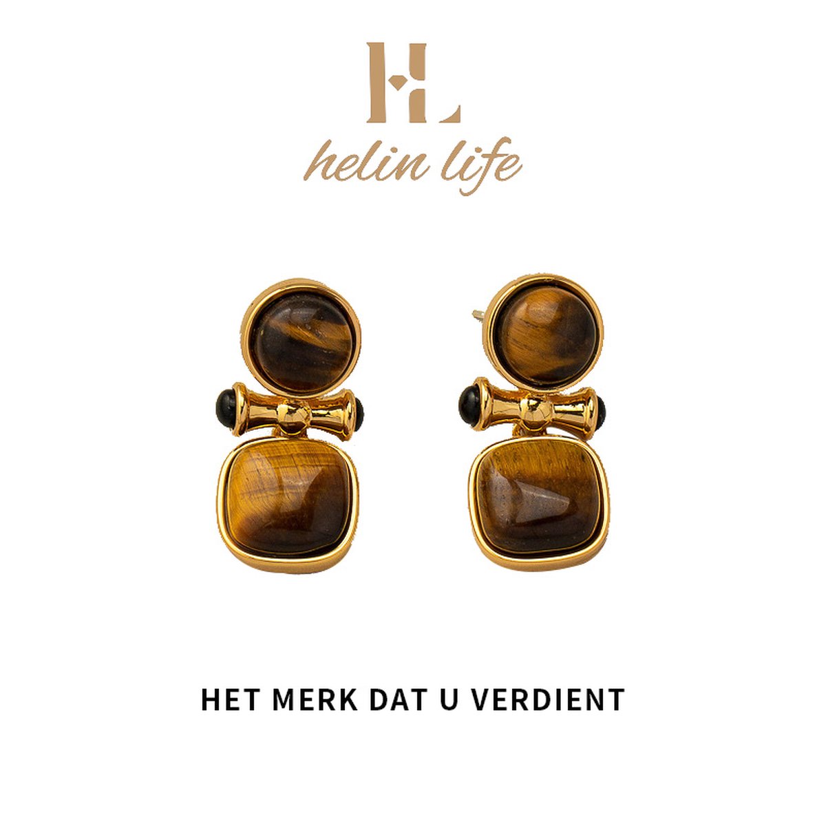 helin life -DamesOorhangers -Oorbellen dames-Oorbellen Goudkleurig -Oorbellen meisje-Tijgeroog steen -925 Tremella naald hypoallergeen- Cadeau