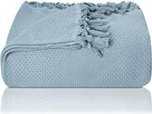 Couvre-lit Premium avec franges nouées à la main - 100 % coton - 150 x 220 cm - Couverture d'été en piqué gaufré - Couverture en coton comme couvre-lit, jeté de canapé et couverture de canapé (bleu clair)