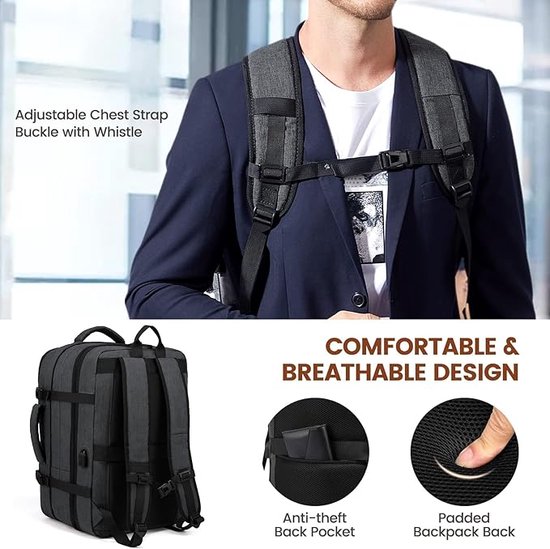Cabin Max Metz 44L 55x40x20 cm Reisrugzak Handbagage Carry On Cabin Bagage- Zwart