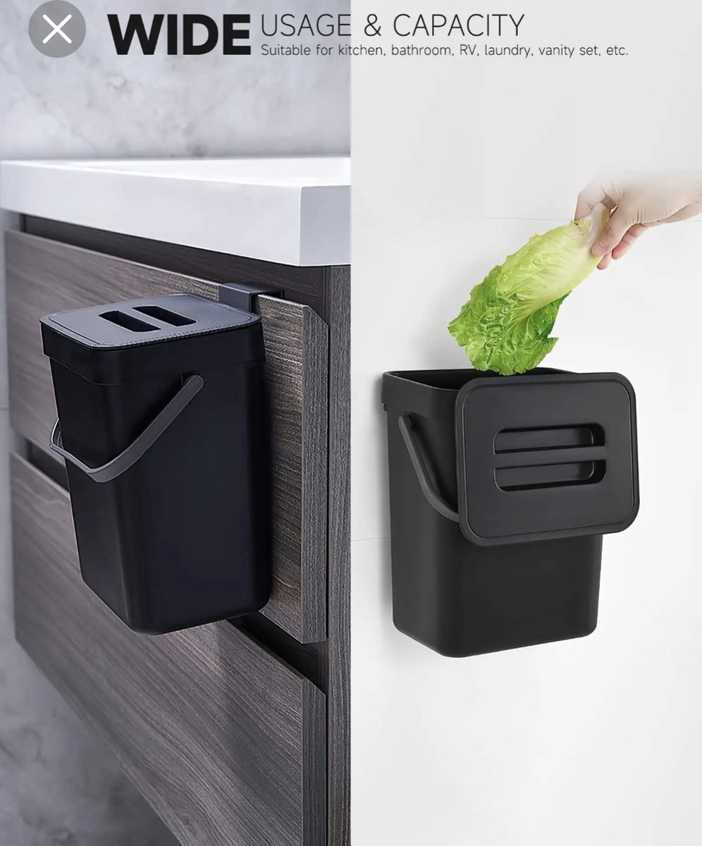5 liter Compostbak/Prullenbak/Aanrecht afvalvakje - Hangen Staan - Met 1 Rol Vuilniszak Geleverd - Mat Zwart