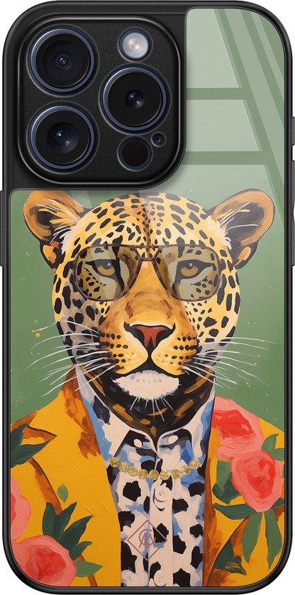 Casimoda® hoesje - Geschikt voor iPhone 15 Pro - Luipaard Hipster - Luxe Hard Case Zwart - Backcover telefoonhoesje - Multi