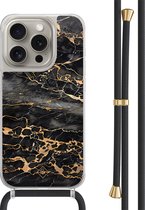 Casimoda® hoesje met zwart koord - Geschikt voor iPhone 15 Pro - Marmer Grijs Brons - Afneembaar koord - TPU/polycarbonaat - Grijs