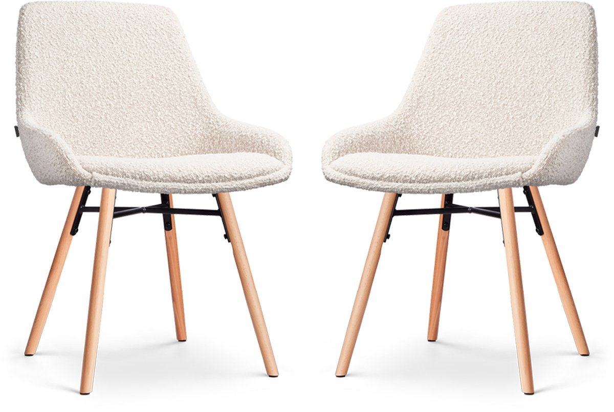 Nolon Nena-Isa Eetkamerstoelen Set van 2 Bouclé Beige - Stof - Zonder Armleuning - Houten Poten - Scandinavisch - Comfortabel Bouclé - Beige - Naturel onderstel