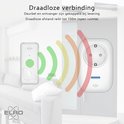 Illustratie van een witte deurbel en een witte stekker-ontvanger met signaalgolven ertussen, in een woonkamer.