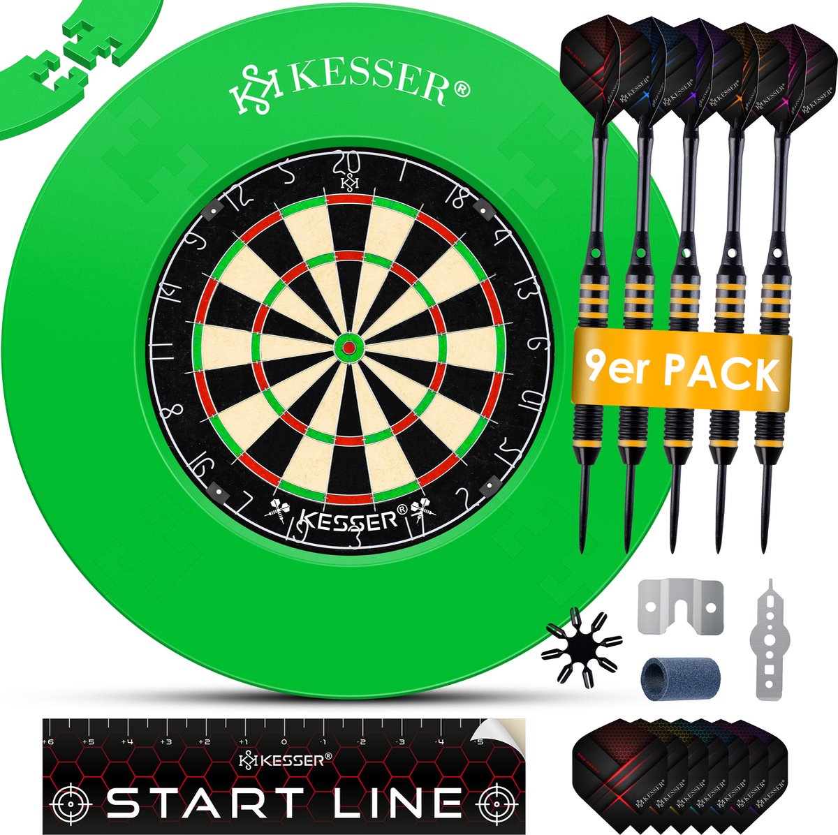 KESSER® Dartbord Sisal met Surround Ring Groen - 38-delige Dart Set inclusief 9x Dartpijlen en 21x Dartflights + Accessoires