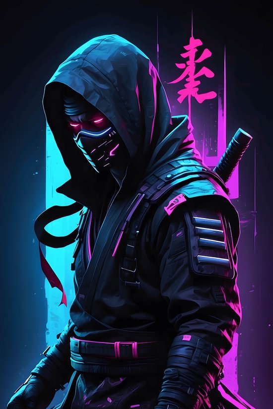 Neon Ninja Poster | Neonposter | Oosterse Poster | Anime Poster | 61x91cm | Wanddecoratie | Muurposter | MT | Geschikt om in te lijsten