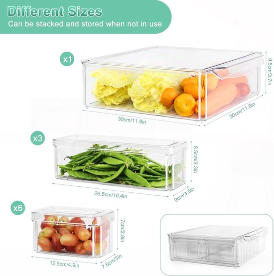 Friendjia 3-Stuks Koelkastorganizer Met één Verdeler - Keuken Plastic Opbergdoos, Doorzichtige Organizer, Opbergcontainer Voor Keuken, Koelkast en Andere Organisatoren