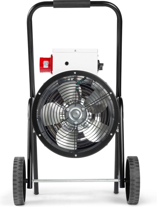 Vooraanzicht van de Trotec TDS 75 R met zwarte ventilatorroosters en rode stroomaansluiting.