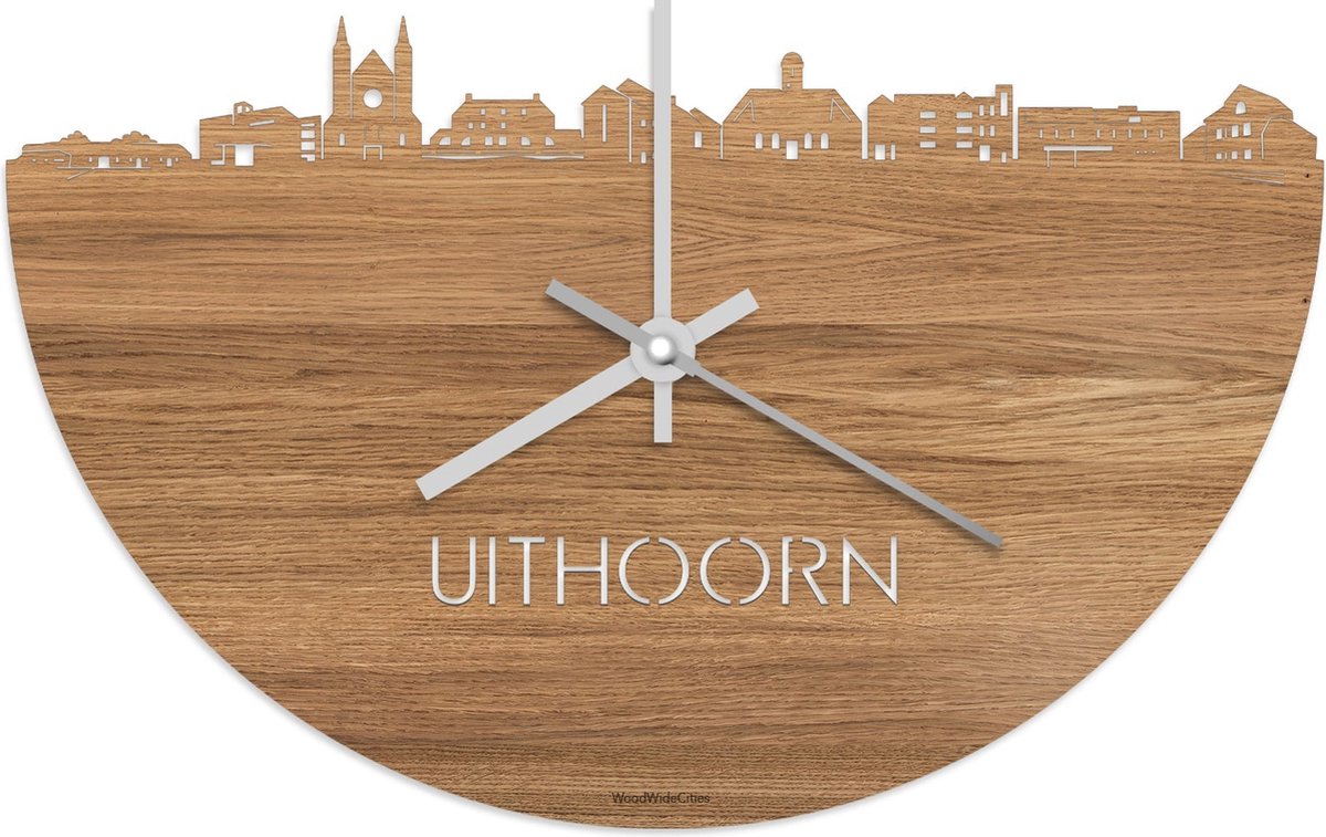 Skyline Klok Uithoorn Eikenhout - Ø 40 cm - Stil uurwerk - Wanddecoratie - Meer steden beschikbaar - Woonkamer idee - Woondecoratie - City Art - Steden kunst - Cadeau voor hem - Cadeau voor haar - Jubileum - Trouwerij - Housewarming - WoodWideCities
