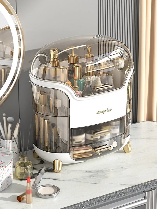 Make-up organizer - Sierraden opbergdoos - opbergbox voor cosmetica - Beautycase - met stofdicht deksel - beauty-organizer met 8 opbergruimtes en draaggreep - Wit