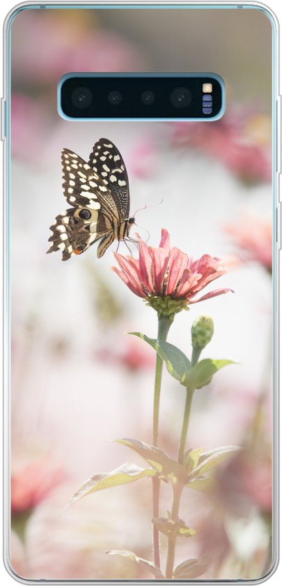 Geschikt voor Samsung Galaxy S10 Plus hoesje - Vlinder - Bloem - Roze - Siliconen Telefoonhoesje