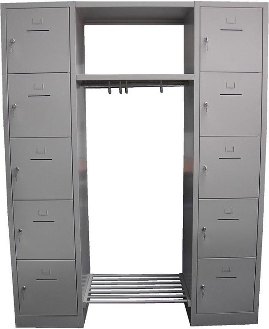 ABC Kantoormeubelen garderobeset uit 2 lockerkasten grijze deuren met tussenstuk 183 cm breed en cilinderslot