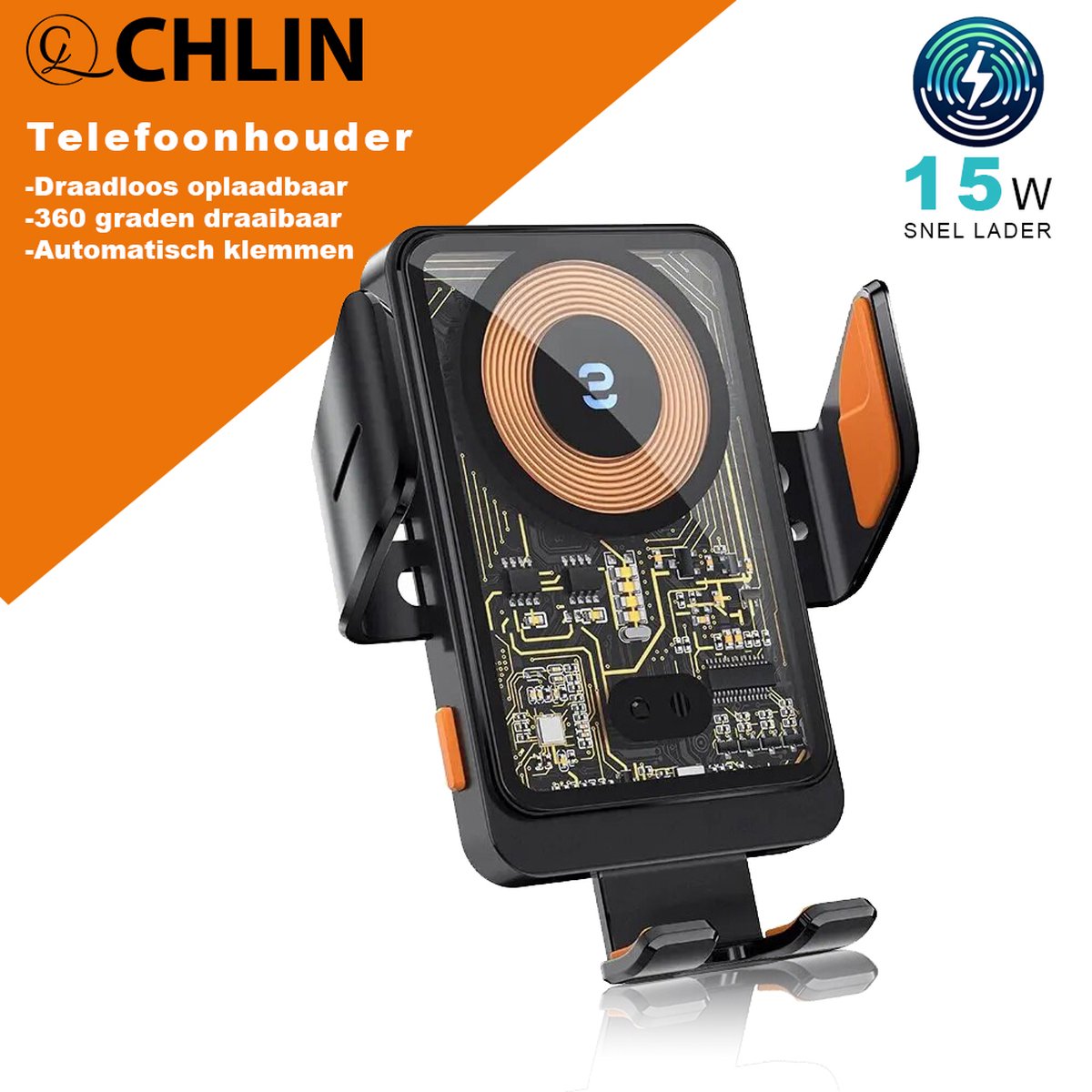 CL CHLIN® - Draadloos Oplaadbare Telefoonhouders voor in de Auto - Qi - Draadloze opladers - Draadloze oplader auto - Autolader - magsafe autolader - autohouder telefoon - telefoonhouder oplader auto - infrarood sensor detectie - GSM houder
