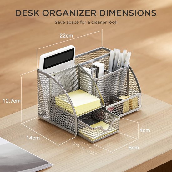 Sinxioer Bureau-organizer, mesh, metaal, bureau-organizer met pennenhouders en lade, 6 sorteervakken voor pennen, organizer voor school en kamer, zwart