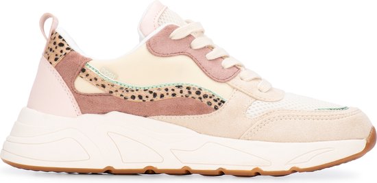 Beige sneaker met roze en luipaardprint panelen, mesh en suède details. Beige zool.